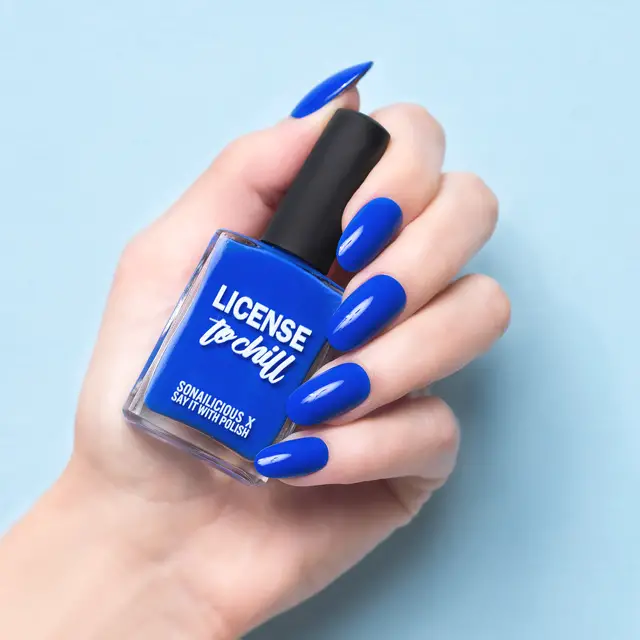 bright blue nail polish, license to chill