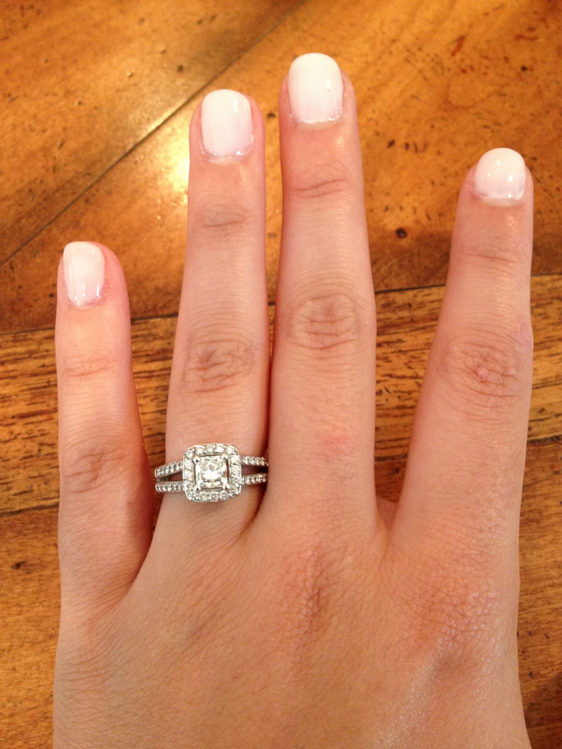 Perfect engagement ring and wedding day nail polish color.