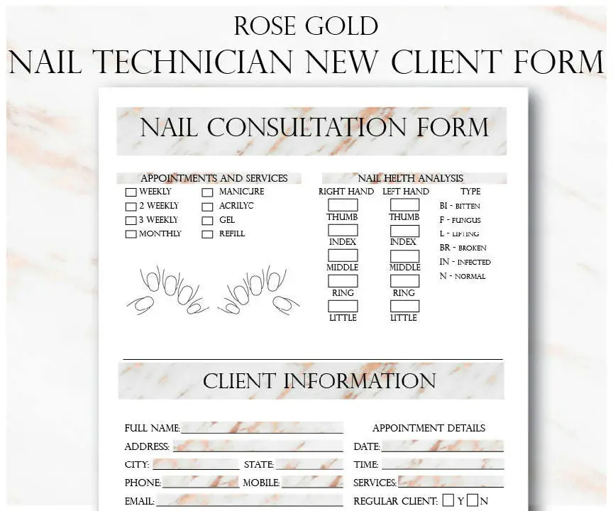 Rose Gold Nail Technician New Client Form And Service Record